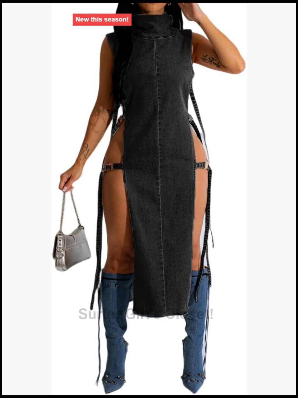 Sleeveless Distressed Denim Dress Adjustable Side Buckles High Neck Midi